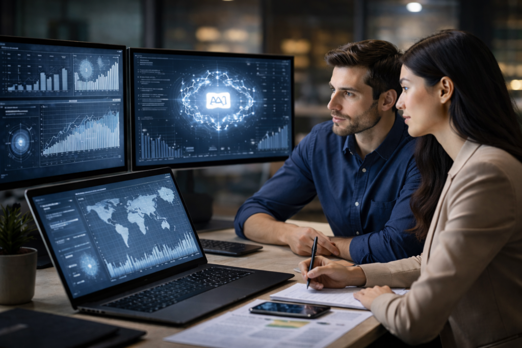 2 people, a man and a woman, looking at three computer screens.